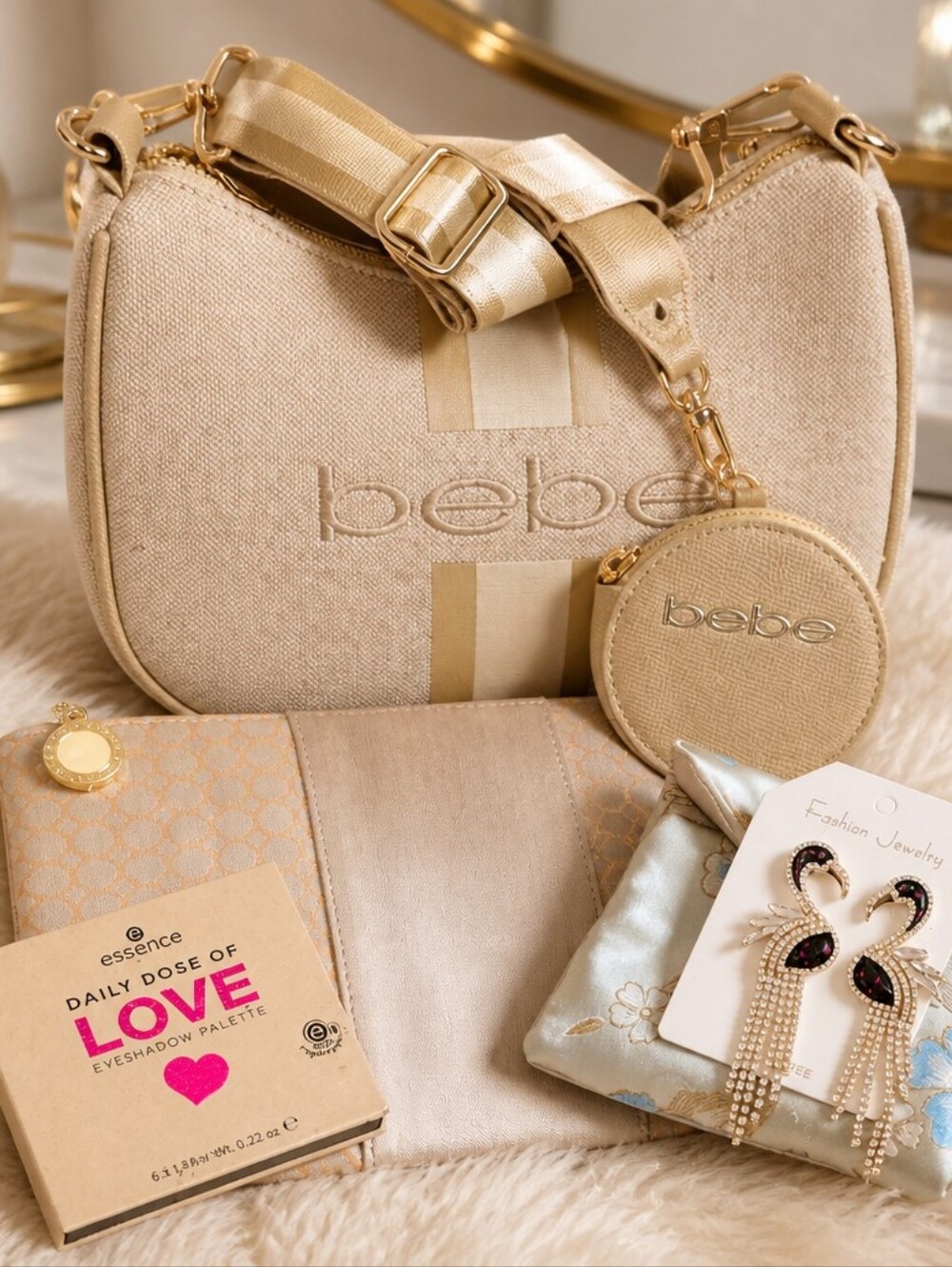 bebe Champagne Beige Canvas Crossbody.Bvlgari Parfums Makeup Bag Bundle